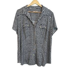 Women's 2X Stretch PLUS Navy Blue Striped Nautical Casual Button-Up Blouse